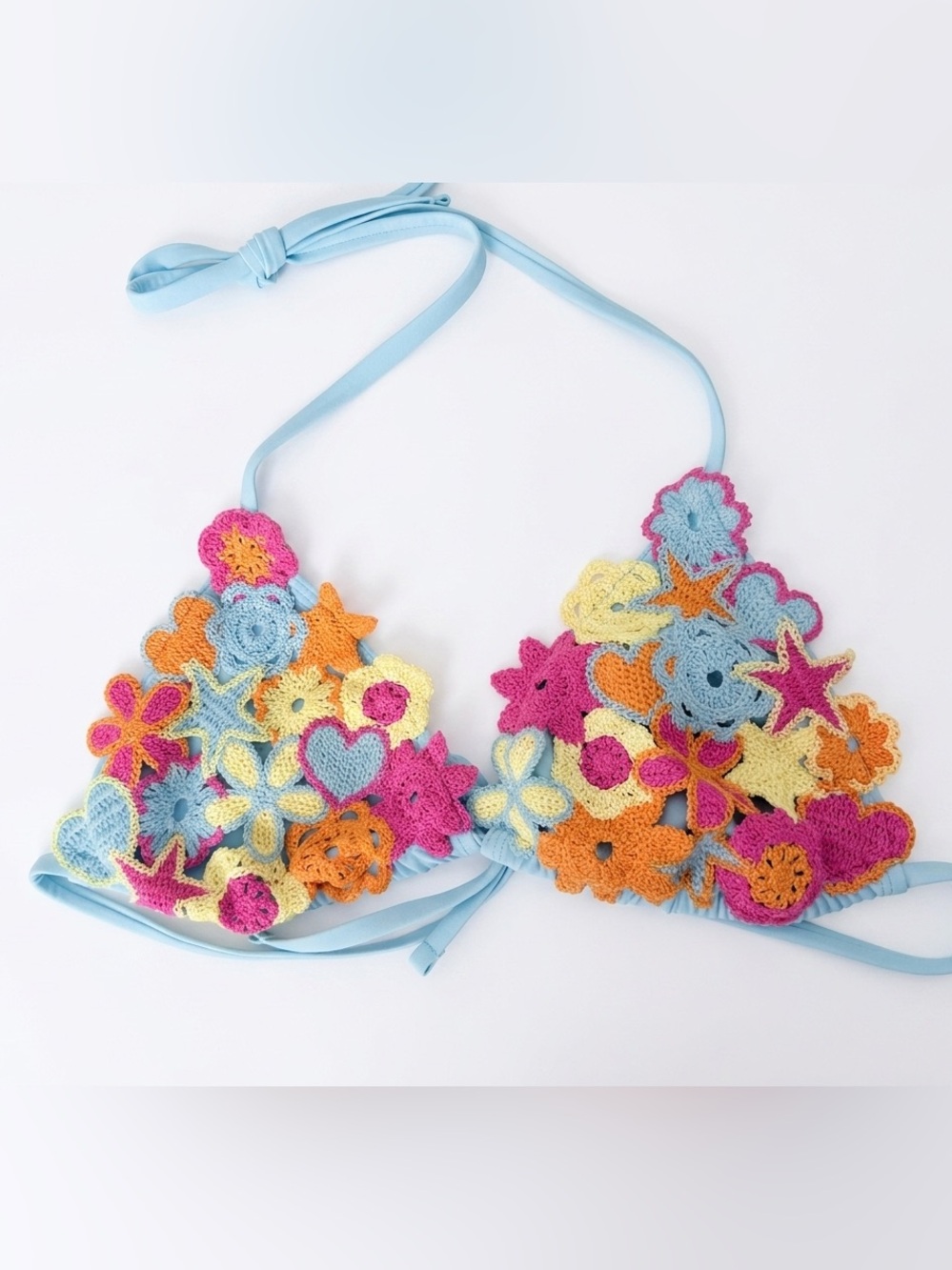 Shade & Shore Light Blue Crochet Floral Bikini Top with Multicolor Flowers